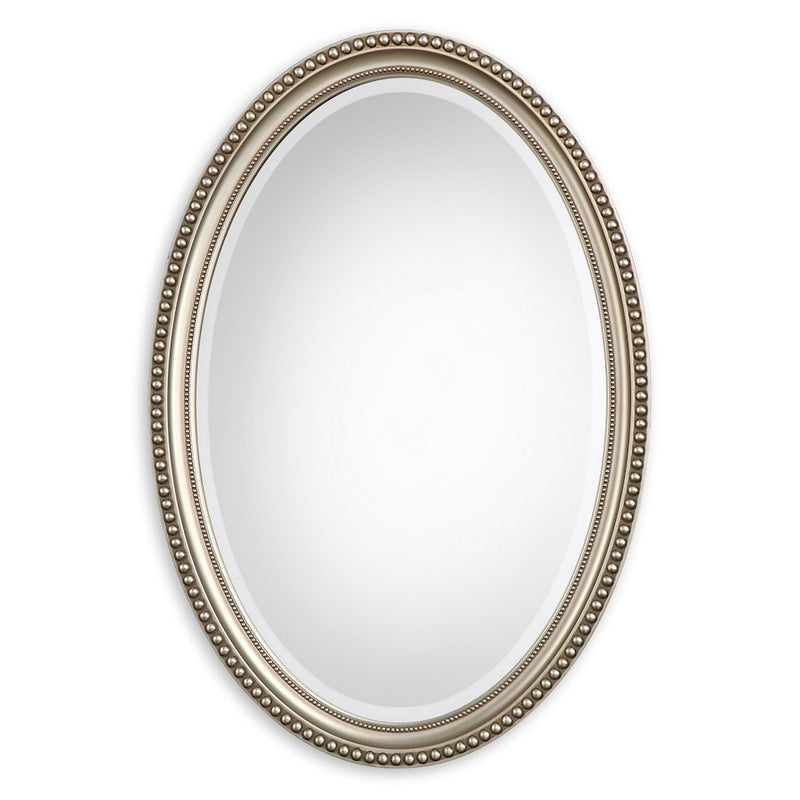 Haus Appeal Raven 32x22in Beaded Oval Wall Mirror | Metallic Silver with Subtle Brown Polystyrene Frame | Entryway & Bathroom Accent | Model W00405
