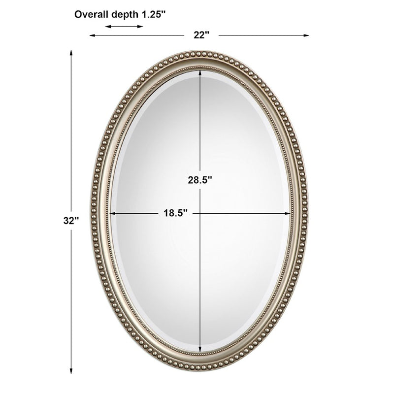 Haus Appeal Raven 32x22in Beaded Oval Wall Mirror | Metallic Silver with Subtle Brown Polystyrene Frame | Entryway & Bathroom Accent | Model W00405
