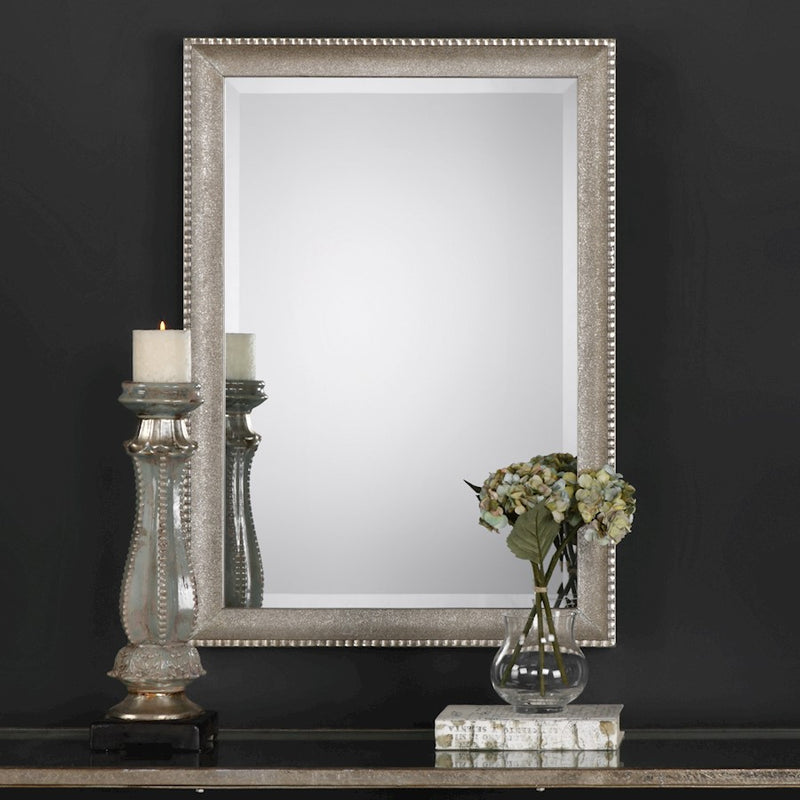 Haus Appeal Lincroft 34x24in Mirror | Textured Metallic Silver with Light Gray Wash | Entryway & Living Room Accent | 1in Bevel | Model W00413