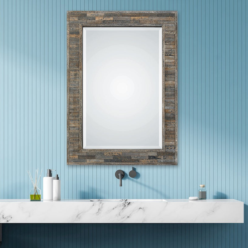 Haus Appeal Simbsbury 27x37in Wall Mirror | Rustic Weathered Pine & Dark Slate Finish | Entryway & Living Room Accent | Model W00428