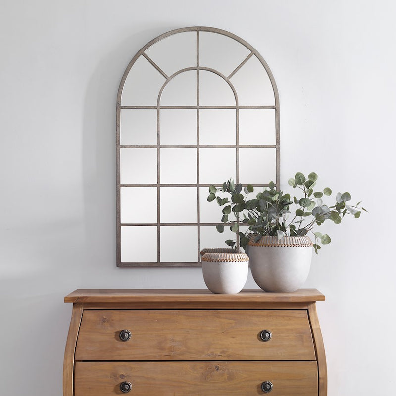 Haus Appeal Wren 44x30in Arched Wall Mirror | Antique Rustic Gray Metal Frame | Entryway & Bathroom Accent | 30 x 44 x 1.25 in | Vertical | Model W00442