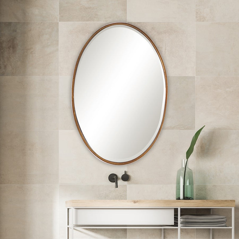 Haus Appeal Teca 35x24in Oval Mirror | Hand Finished Gold Leaf Iron Frame | Bathroom & Entryway Wall Mirror | H 35in, W 24in | Model W00450