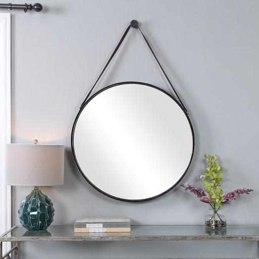 Haus Appeal Groveland 30in Round Wall Mirror | Antique Bronze Metal & Faux Leather | Entryway & Powder Room Accent | 30 x 30 x 2 in, D-Ring | Model W00476