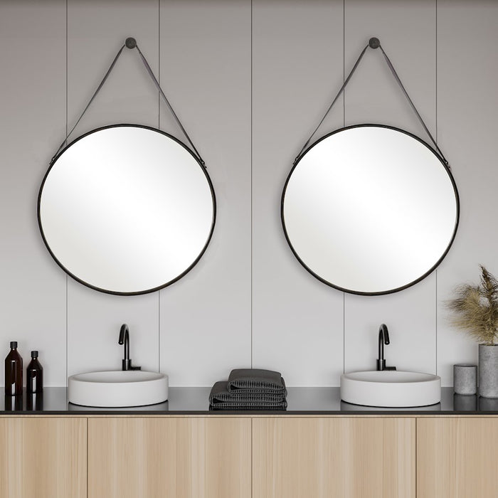Haus Appeal Groveland 30in Round Wall Mirror | Antique Bronze Metal & Faux Leather | Entryway & Powder Room Accent | 30 x 30 x 2 in, D-Ring | Model W00476