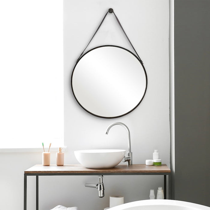 Haus Appeal Groveland 30in Round Wall Mirror | Antique Bronze Metal & Faux Leather | Entryway & Powder Room Accent | 30 x 30 x 2 in, D-Ring | Model W00476