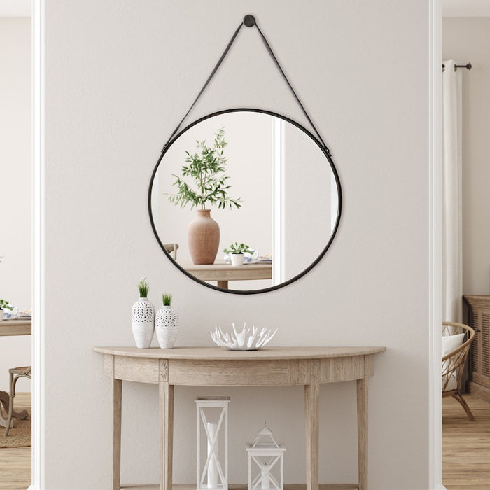 Haus Appeal Groveland 30in Round Wall Mirror | Antique Bronze Metal & Faux Leather | Entryway & Powder Room Accent | 30 x 30 x 2 in, D-Ring | Model W00476