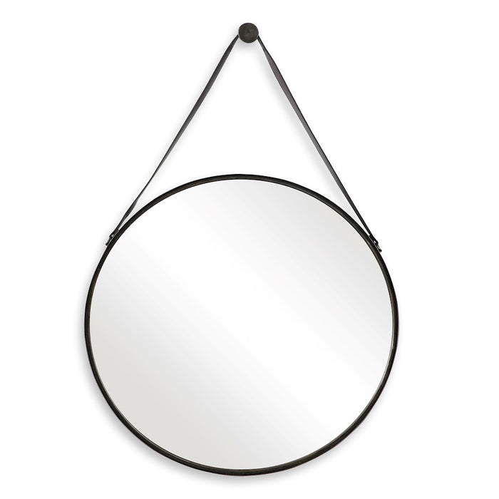 Haus Appeal Groveland 30in Round Wall Mirror | Antique Bronze Metal & Faux Leather | Entryway & Powder Room Accent | 30 x 30 x 2 in, D-Ring | Model W00476