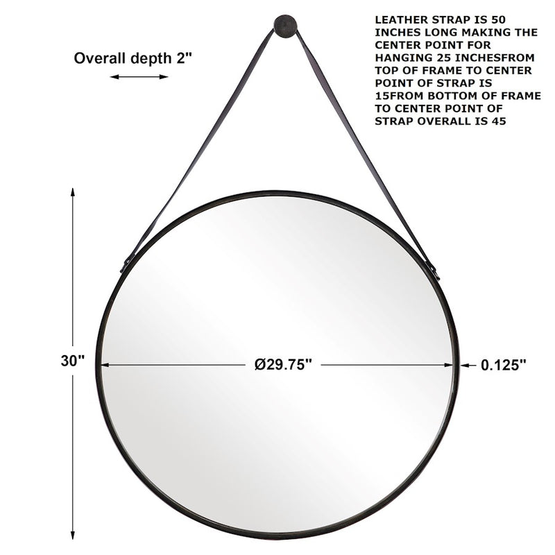 Haus Appeal Groveland 30in Round Wall Mirror | Antique Bronze Metal & Faux Leather | Entryway & Powder Room Accent | 30 x 30 x 2 in, D-Ring | Model W00476