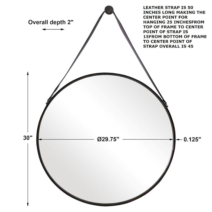 Haus Appeal Groveland 30in Round Wall Mirror | Antique Bronze Metal & Faux Leather | Entryway & Powder Room Accent | 30 x 30 x 2 in, D-Ring | Model W00476