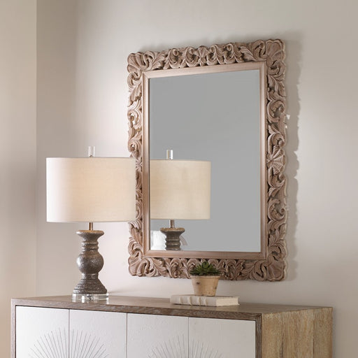 Haus Appeal Kenji 37x31in Mirror | Ornate Natural MDF Frame | Entryway & Bathroom Wall Mirror | 30.5 x 36.5 x 0.7 in, Vertical or Horizontal | Model W00489