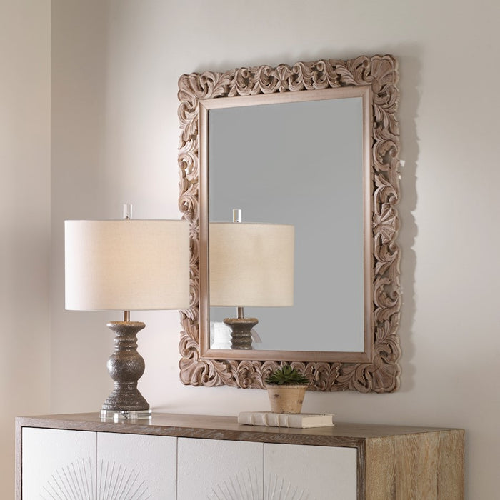 Haus Appeal Kenji 37x31in Mirror | Ornate Natural MDF Frame | Entryway & Bathroom Wall Mirror | 30.5 x 36.5 x 0.7 in, Vertical or Horizontal | Model W00489
