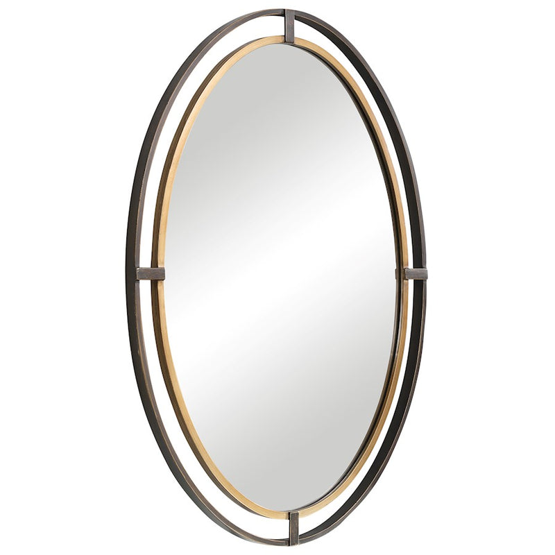 Haus Appeal Warner 35x24in Oval Wall Mirror | Distressed Rustic Bronze and Antiqued Gold Iron Frame | Entryway & Powder Room Accent | Model W00490