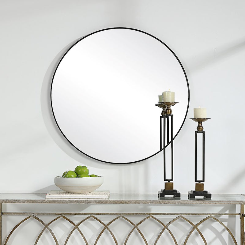 Haus Appeal Julius 34in Round Wall Mirror | Satin Black Aluminum Frame | Entryway & Bathroom Accent | 34 x 34 x 1.5 in | Model W00505