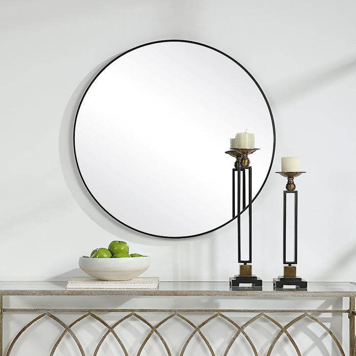 Haus Appeal Julius 34in Round Wall Mirror | Satin Black Aluminum Frame | Entryway & Bathroom Accent | 34 x 34 x 1.5 in | Model W00505