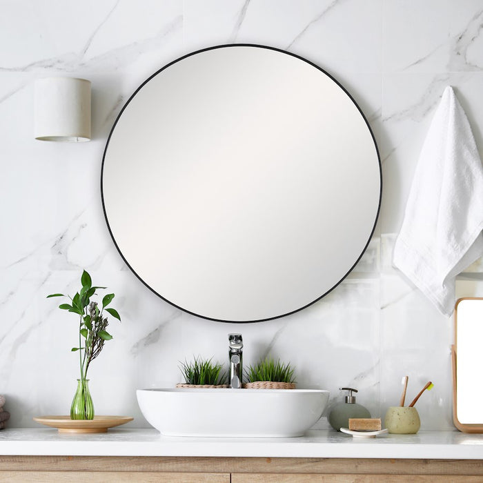 Haus Appeal Julius 34in Round Wall Mirror | Satin Black Aluminum Frame | Entryway & Bathroom Accent | 34 x 34 x 1.5 in | Model W00505