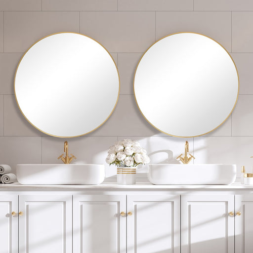 Haus Appeal Tatia 34in Round Wall Mirror | Brushed Gold Aluminum Frame | Foyer & Bathroom Accent Mirror | 34 x 34 x 1.5 in, Plain Mirror | Model W00512