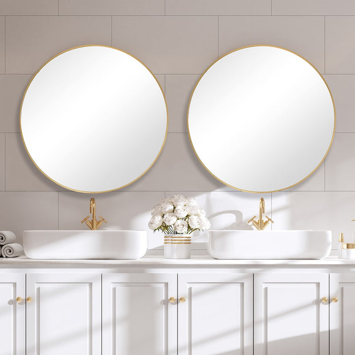 Haus Appeal Tatia 34in Round Wall Mirror | Brushed Gold Aluminum Frame | Foyer & Bathroom Accent Mirror | 34 x 34 x 1.5 in, Plain Mirror | Model W00512