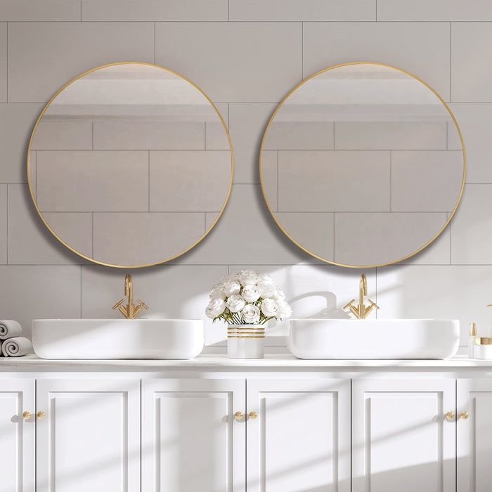 Haus Appeal Tatia 34in Round Wall Mirror | Brushed Gold Aluminum Frame | Foyer & Bathroom Accent Mirror | 34 x 34 x 1.5 in, Plain Mirror | Model W00512