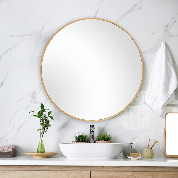 Haus Appeal Tatia 34in Round Wall Mirror | Brushed Gold Aluminum Frame | Foyer & Bathroom Accent Mirror | 34 x 34 x 1.5 in, Plain Mirror | Model W00512