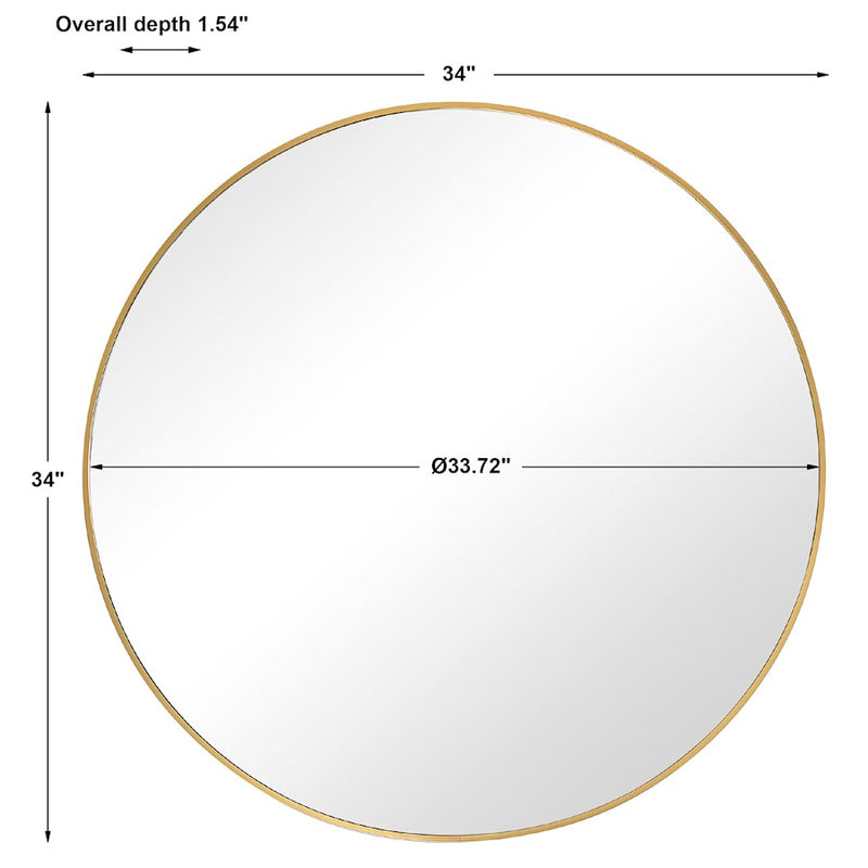 Haus Appeal Tatia 34in Round Wall Mirror | Brushed Gold Aluminum Frame | Foyer & Bathroom Accent Mirror | 34 x 34 x 1.5 in, Plain Mirror | Model W00512