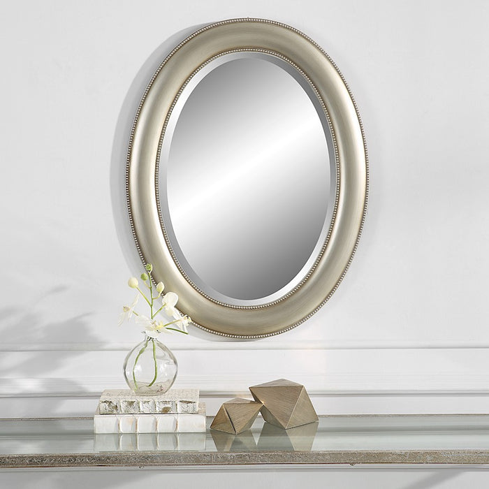 Haus Appeal Ariana 29x22in Oval Wall Mirror | Metallic Silver & Subtle Brown Antiquing | Entryway & Bathroom Accent | Horizontal or Vertical | Model W00529