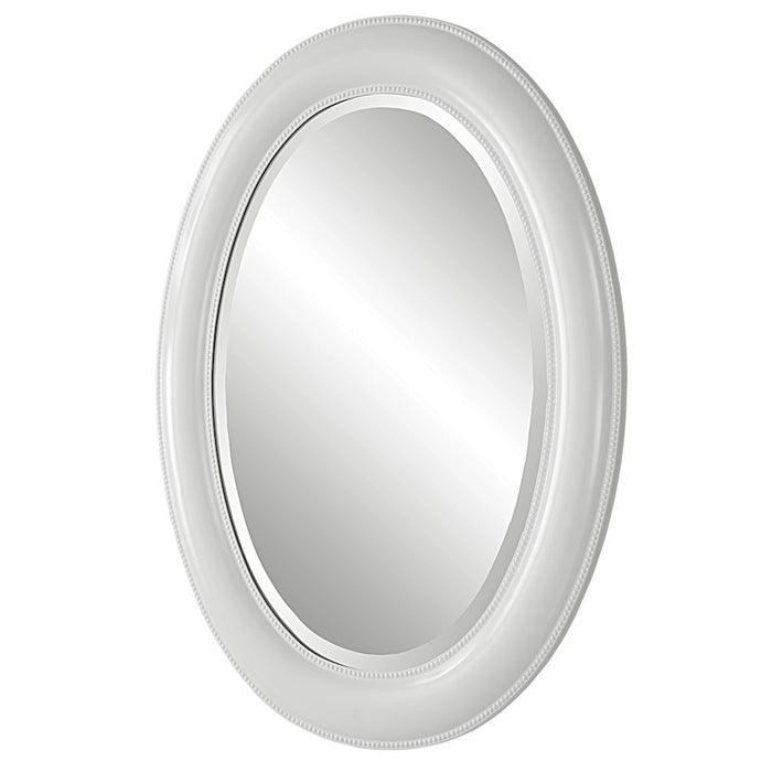 Haus Appeal Chenowith 29x22in Oval Mirror | Beaded White Polystyrene Frame | Entryway & Bedroom Wall Mirror | Model W00530