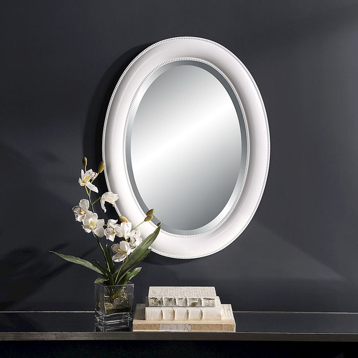 Haus Appeal Chenowith 29x22in Oval Mirror | Beaded White Polystyrene Frame | Entryway & Bedroom Wall Mirror | Model W00530