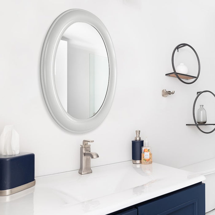 Haus Appeal Chenowith 29x22in Oval Mirror | Beaded White Polystyrene Frame | Entryway & Bedroom Wall Mirror | Model W00530