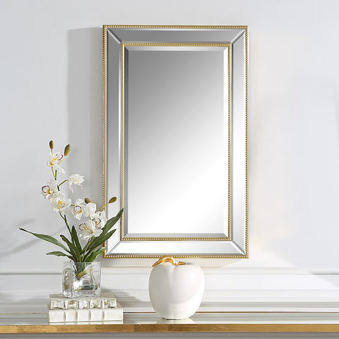 Haus Appeal Matteo 32x20in Wall Mirror | Bevel Mirrored Frame with Gold Beading | Entryway & Powder Room Accent | Vertical or Horizontal | Model W00538