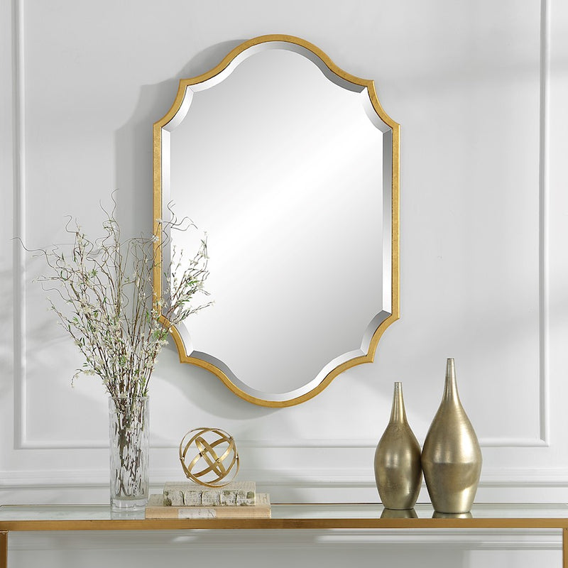 Haus Appeal Colton 27x41in Wall Mirror | Gold Leaf Metal Frame with Curves & Arches | Entryway & Powder Room Accent | Vertical or Horizontal | Model W00563