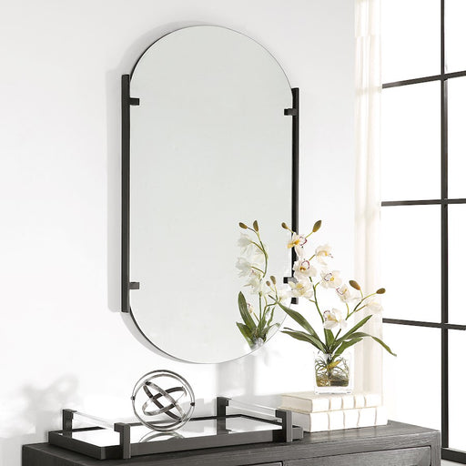 Haus Appeal Hayes 23x38in Pill Shaped Mirror | Frameless with Two Satin Black Metal Strips| Bathroom & Powder Room Vanity | Vertical Mount | Model W00581