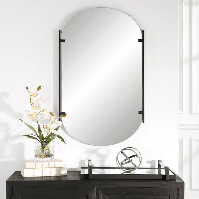 Haus Appeal Hayes 23x38in Pill Shaped Mirror | Frameless with Two Satin Black Metal Strips| Bathroom & Powder Room Vanity | Vertical Mount | Model W00581