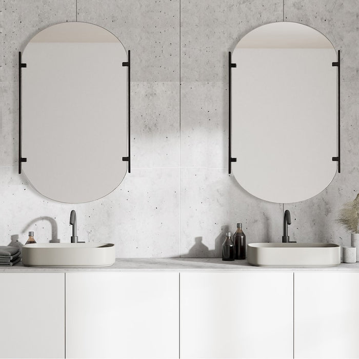 Haus Appeal Hayes 23x38in Pill Shaped Mirror | Frameless with Two Satin Black Metal Strips| Bathroom & Powder Room Vanity | Vertical Mount | Model W00581