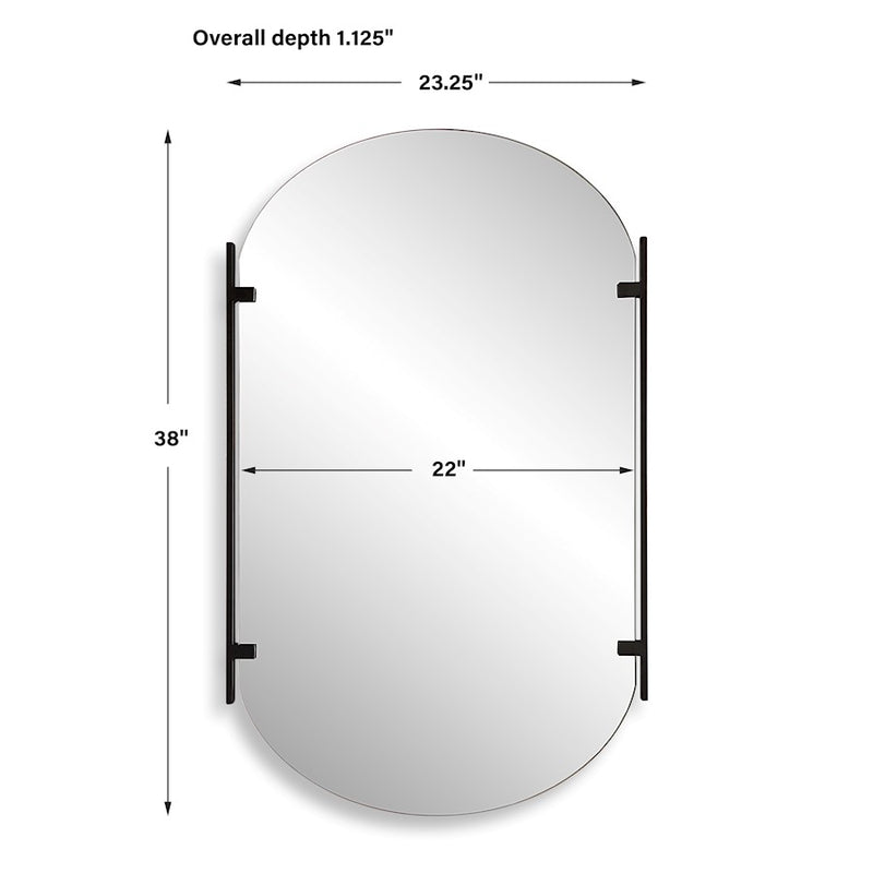 Haus Appeal Hayes 23x38in Pill Shaped Mirror | Frameless with Two Satin Black Metal Strips| Bathroom & Powder Room Vanity | Vertical Mount | Model W00581