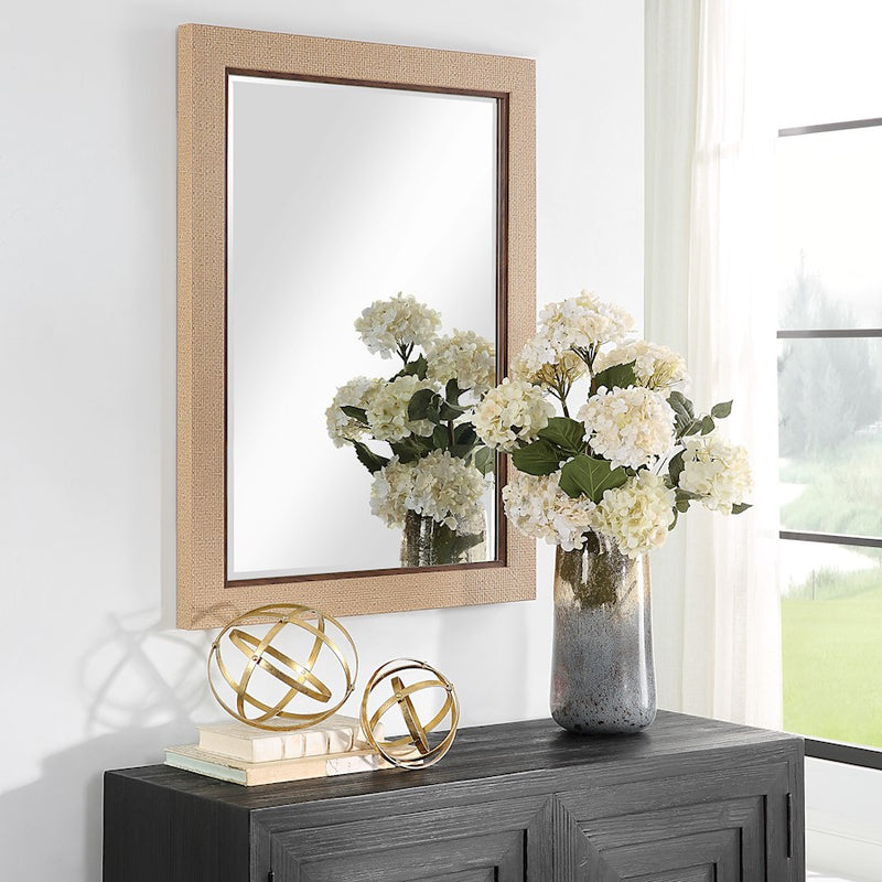 Haus Appeal Emerson 38x28in Bathroom & Entryway Wall Mirror | Coastal Basket Weave Frame | 28 x 38 in, Dark Brown Liner, Moisture-Resistant | Model W00591