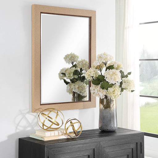 Haus Appeal Emerson 38x28in Bathroom & Entryway Wall Mirror | Coastal Basket Weave Frame | 28 x 38 in, Dark Brown Liner, Moisture-Resistant | Model W00591
