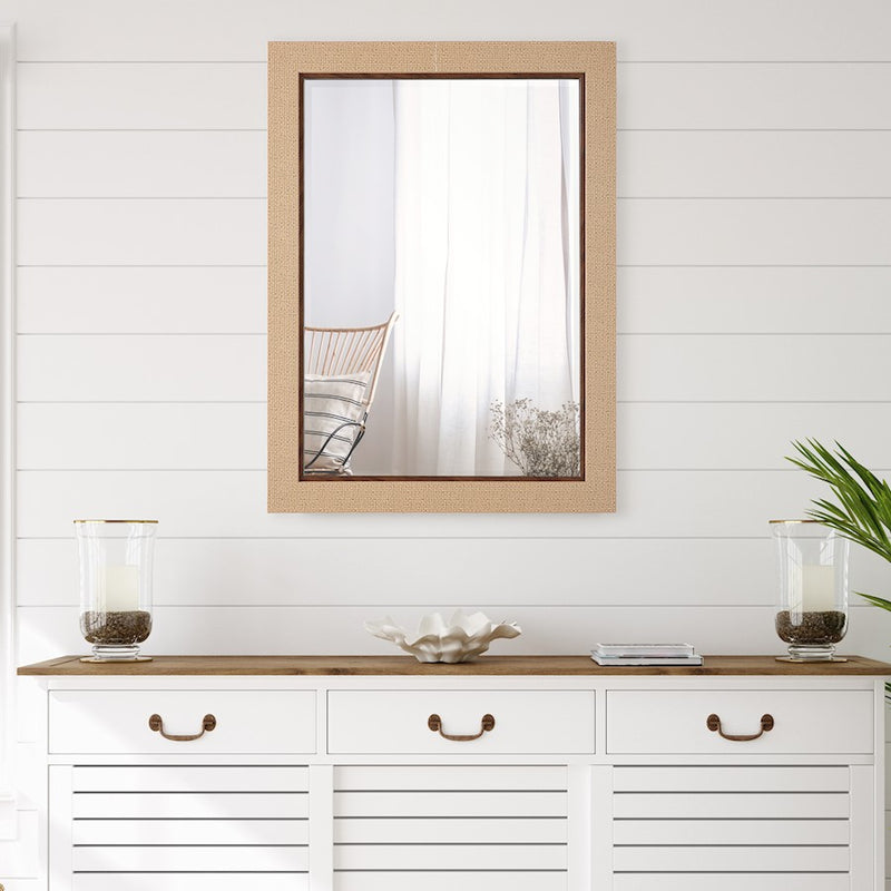 Haus Appeal Emerson 38x28in Bathroom & Entryway Wall Mirror | Coastal Basket Weave Frame | 28 x 38 in, Dark Brown Liner, Moisture-Resistant | Model W00591