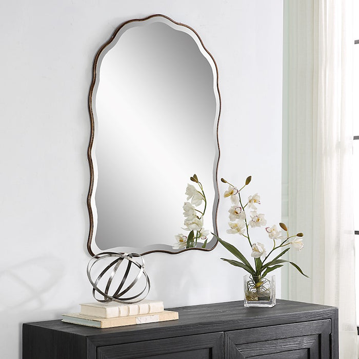 Haus Appeal Lennox 36x24in Arch Wall Mirror with Scalloped Edges | Antique Bronze & Gold Frame | Entryway & Bathroom Accent | Beveled Edge | Model W00592
