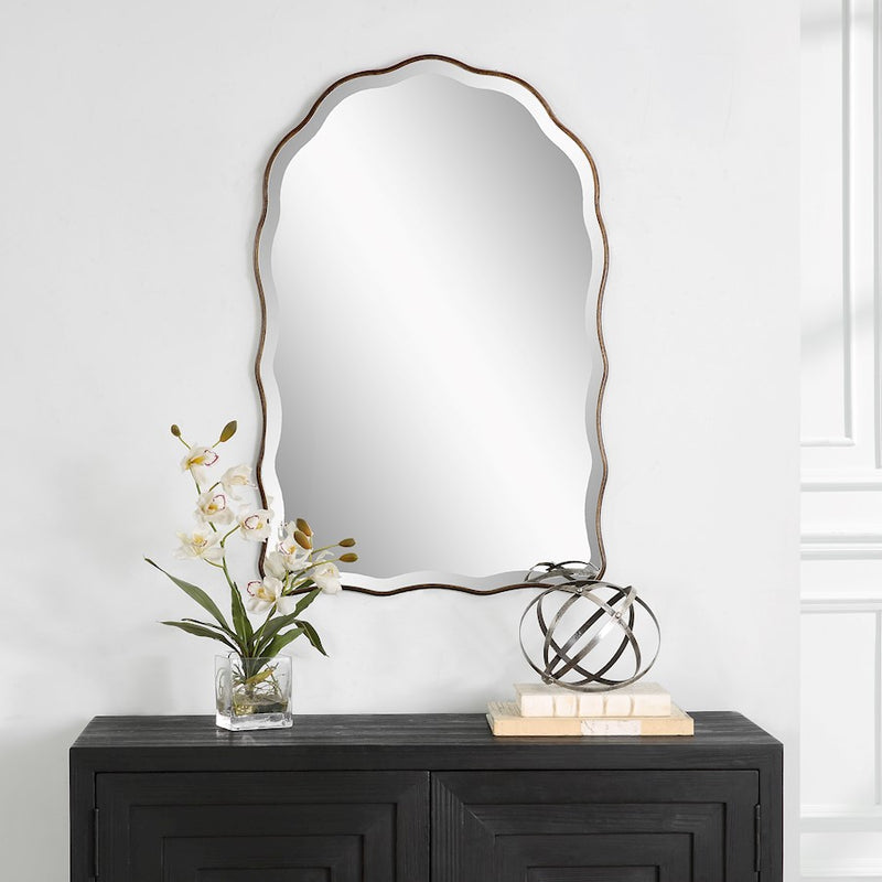 Haus Appeal Lennox 36x24in Arch Wall Mirror with Scalloped Edges | Antique Bronze & Gold Frame | Entryway & Bathroom Accent | Beveled Edge | Model W00592