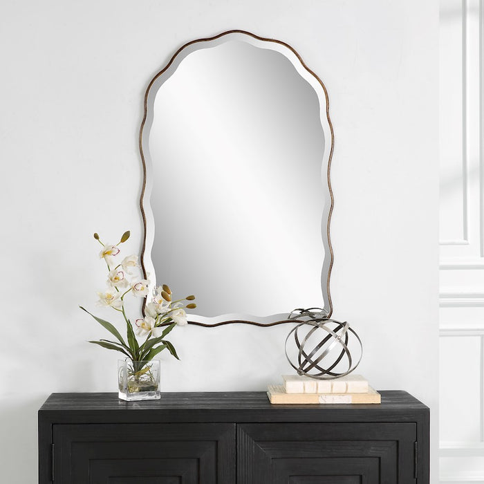 Haus Appeal Lennox 36x24in Arch Wall Mirror with Scalloped Edges | Antique Bronze & Gold Frame | Entryway & Bathroom Accent | Beveled Edge | Model W00592