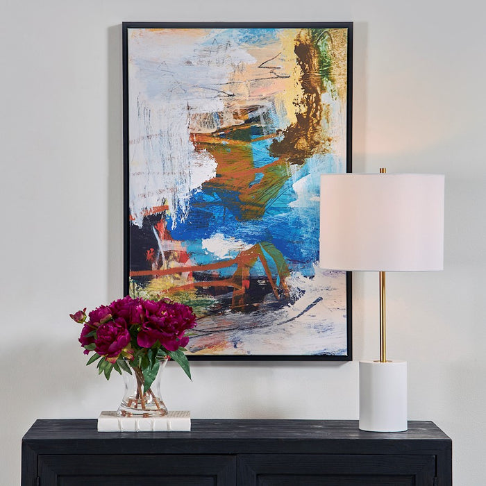 Haus Appeal Destination Framed Canvas | Black Solid Wood Gallery Frame | Living Room & Bedroom Wall Decor | 37.25 x 25.25 x 1.12 in, Abstract Blue & White Art | Model W03000