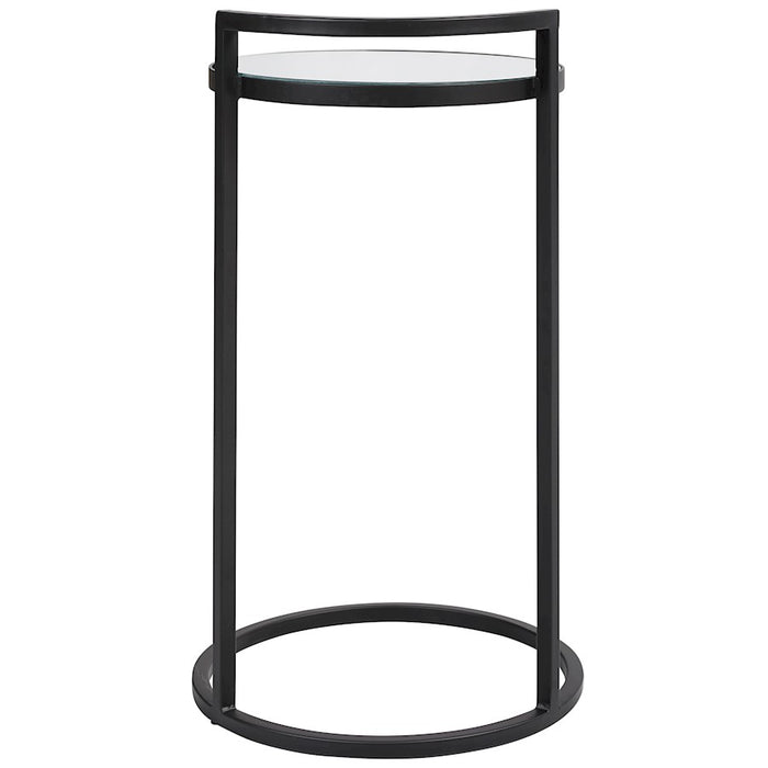 Haus Appeal Mouriette 14in Round Accent Table | Matte Black & Mirrored Top | Living Room & Reading Side Table | Iron/Glass/MDF, 25.98in High| Model W23001