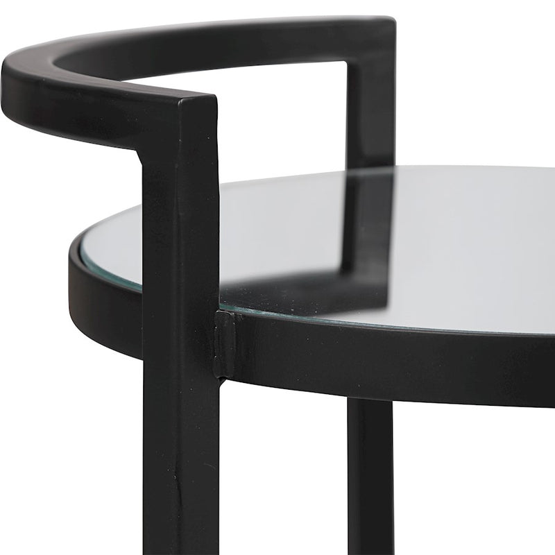 Haus Appeal Mouriette 14in Round Accent Table | Matte Black & Mirrored Top | Living Room & Reading Side Table | Iron/Glass/MDF, 25.98in High| Model W23001