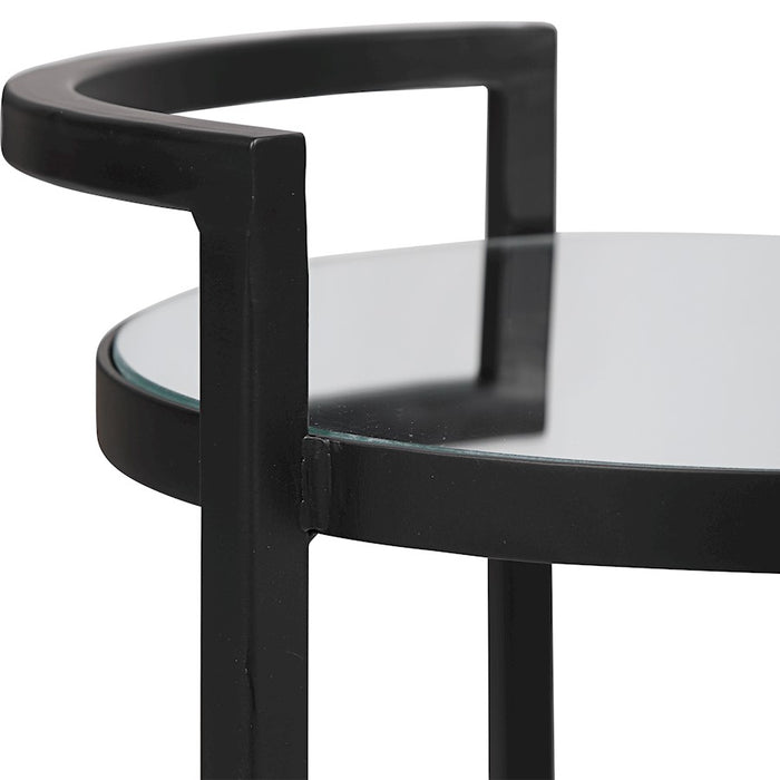 Haus Appeal Mouriette 14in Round Accent Table | Matte Black & Mirrored Top | Living Room & Reading Side Table | Iron/Glass/MDF, 25.98in High| Model W23001