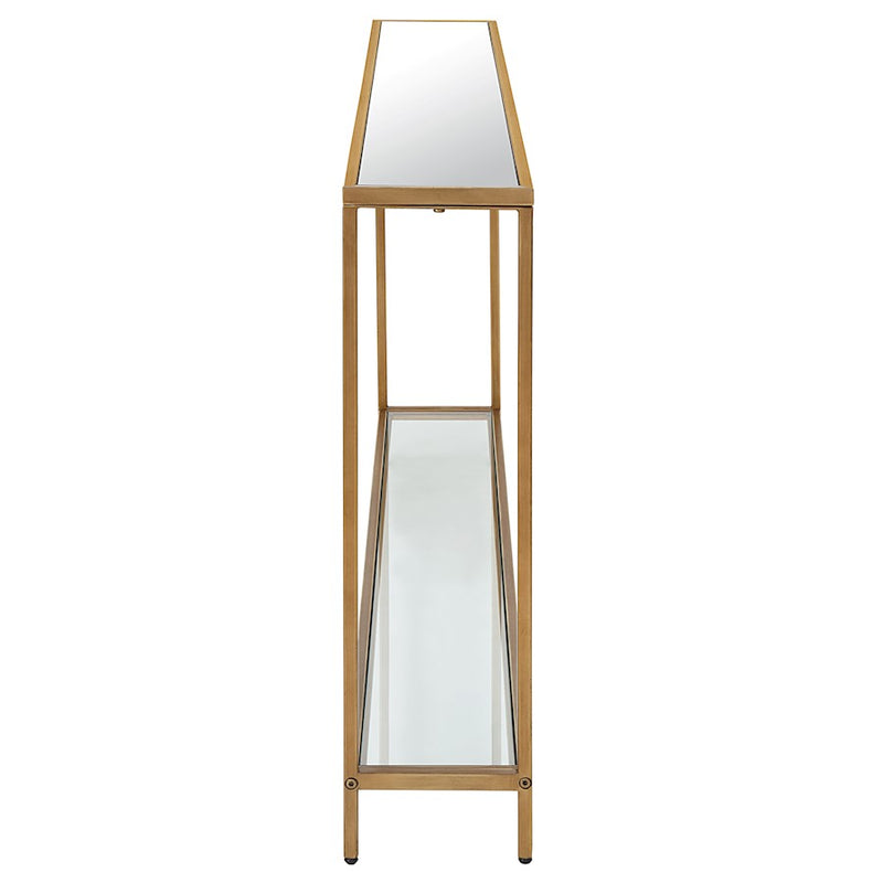 Haus Appeal Reece 56in Wide Accent Table | Warm Gold Iron | Entryway & Living Room Console | 8 x 56 x 30 in, Mirrored Top & Glass Shelf | Model W23005