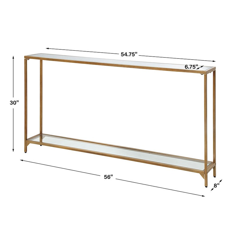 Haus Appeal Reece 56in Wide Accent Table | Warm Gold Iron | Entryway & Living Room Console | 8 x 56 x 30 in, Mirrored Top & Glass Shelf | Model W23005