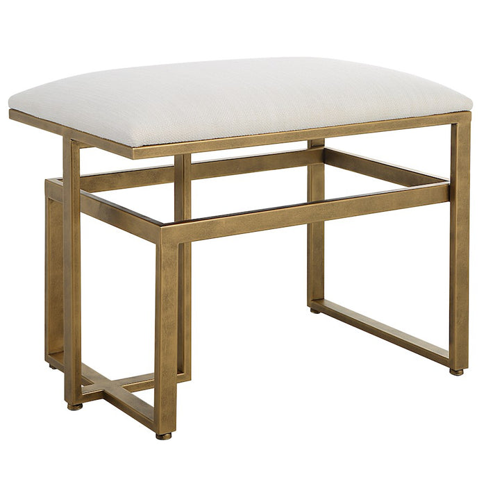 Haus Appeal Ruffus Iron Bench 25in Wide | Modern Antique Brushed Brass & Off-White Fabric | Entryway & Bedroom Bench | 19in Tall, Cushioned Top | Model W23009