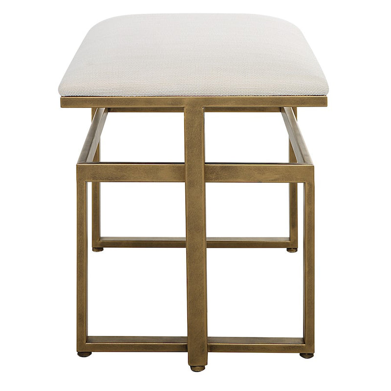 Haus Appeal Ruffus Iron Bench 25in Wide | Modern Antique Brushed Brass & Off-White Fabric | Entryway & Bedroom Bench | 19in Tall, Cushioned Top | Model W23009