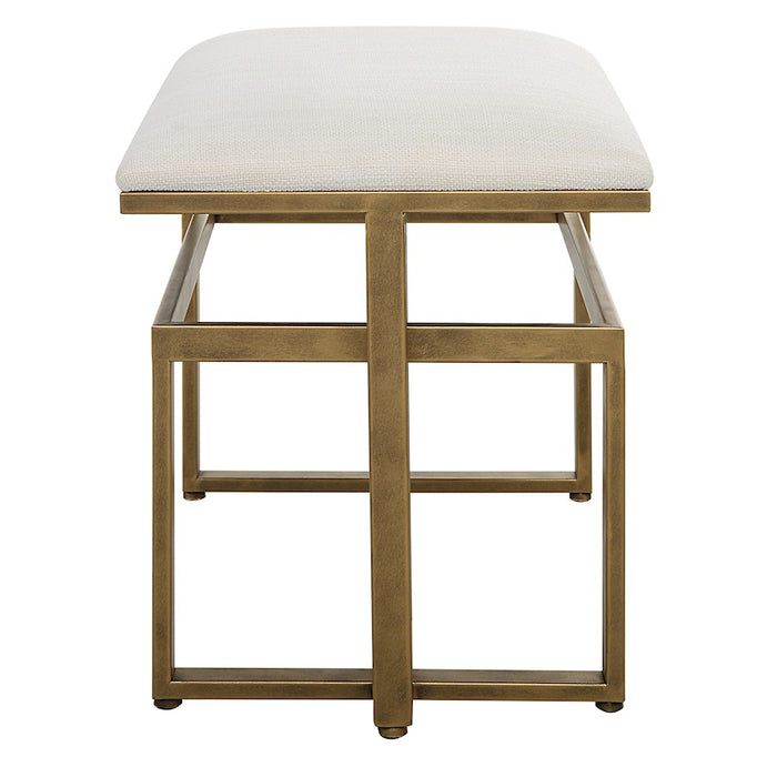 Haus Appeal Ruffus Iron Bench 25in Wide | Modern Antique Brushed Brass & Off-White Fabric | Entryway & Bedroom Bench | 19in Tall, Cushioned Top | Model W23009