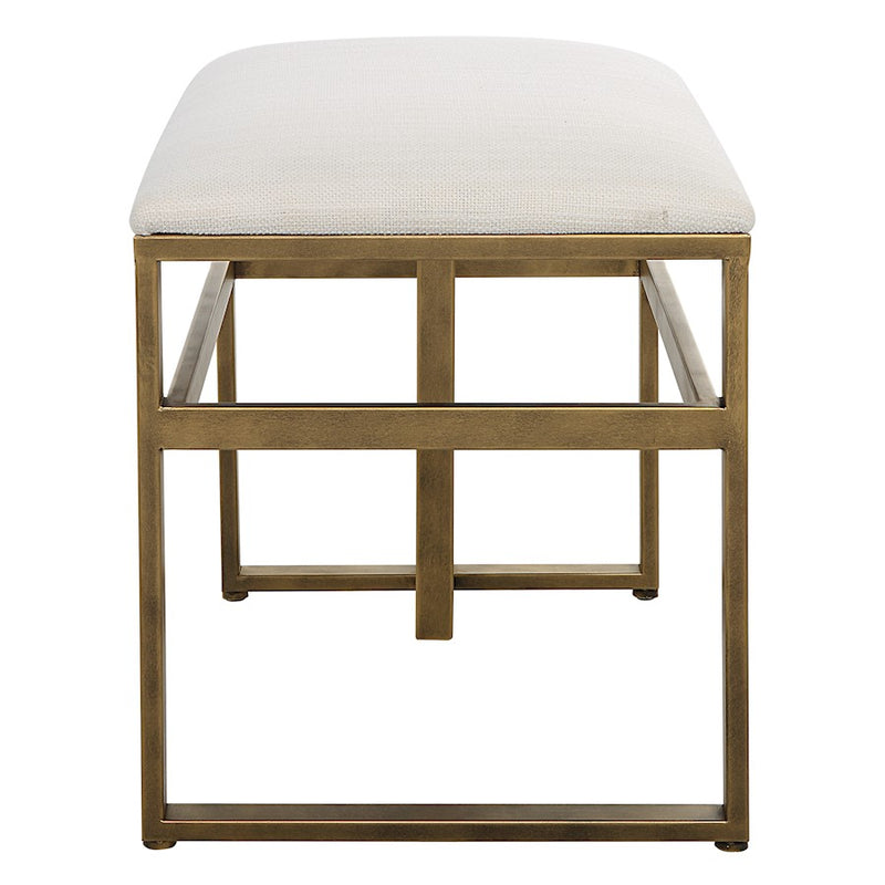 Haus Appeal Ruffus Iron Bench 25in Wide | Modern Antique Brushed Brass & Off-White Fabric | Entryway & Bedroom Bench | 19in Tall, Cushioned Top | Model W23009